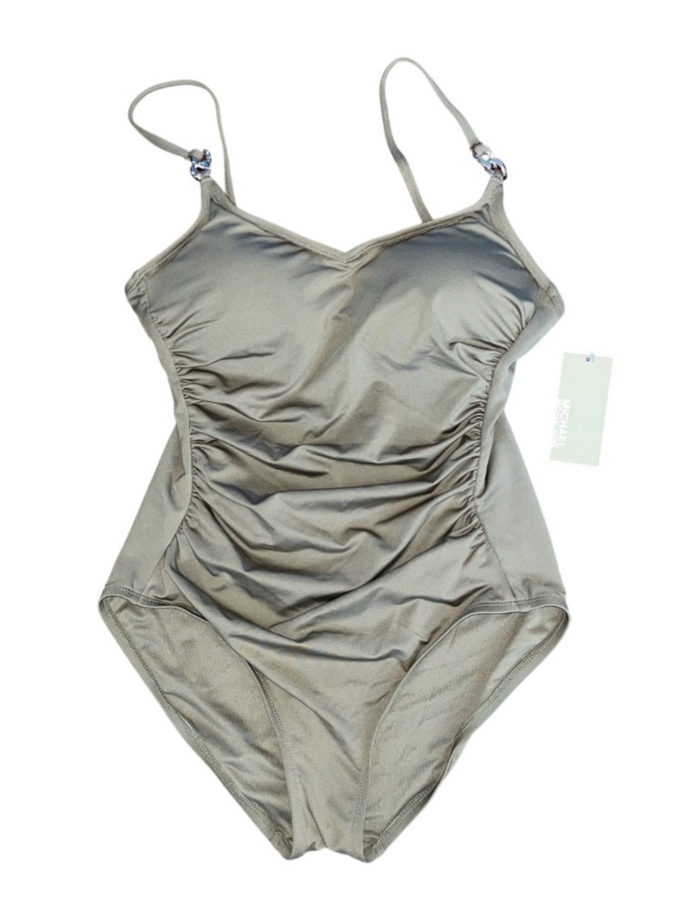 Michael Kors Golden Olive GreenOne Piece Swim Suit NWT 10 Gold Accent Adjustable